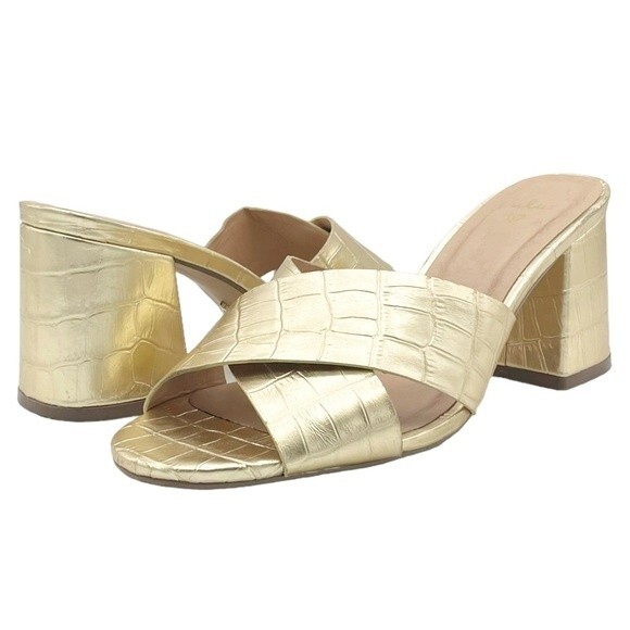 Lulus Ybarra Metallic Gold Croc-Embossed Block Heel Leather Sandals Size 7.5 - Picture 2 of 16